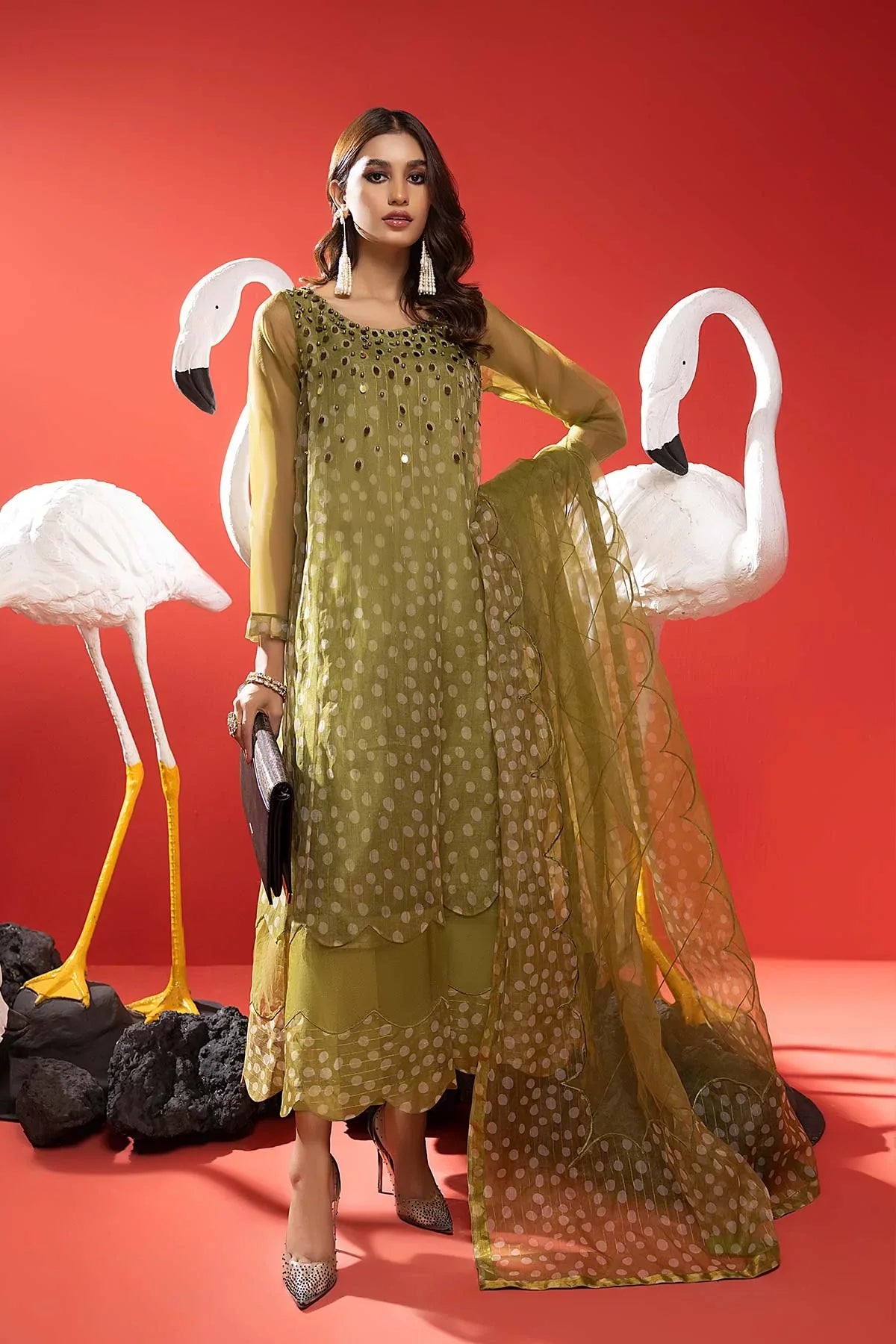 3-Pc Printed Organza Long Shirt With Raw Silk Qlot Trouser and Organza Dupatta CMA22-85