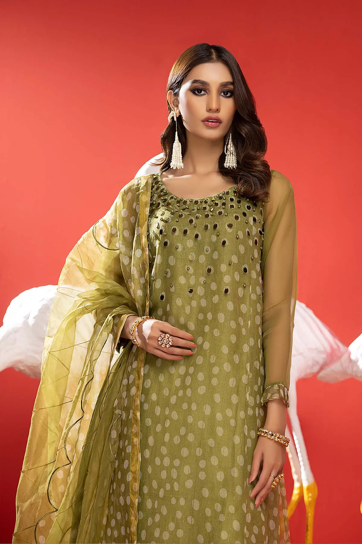 3-Pc Printed Organza Long Shirt With Raw Silk Qlot Trouser and Organza Dupatta CMA22-85