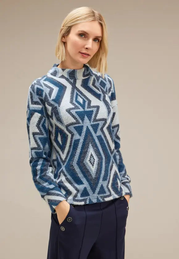 320695- Blue Print Turtle Neck Pullover - Street one