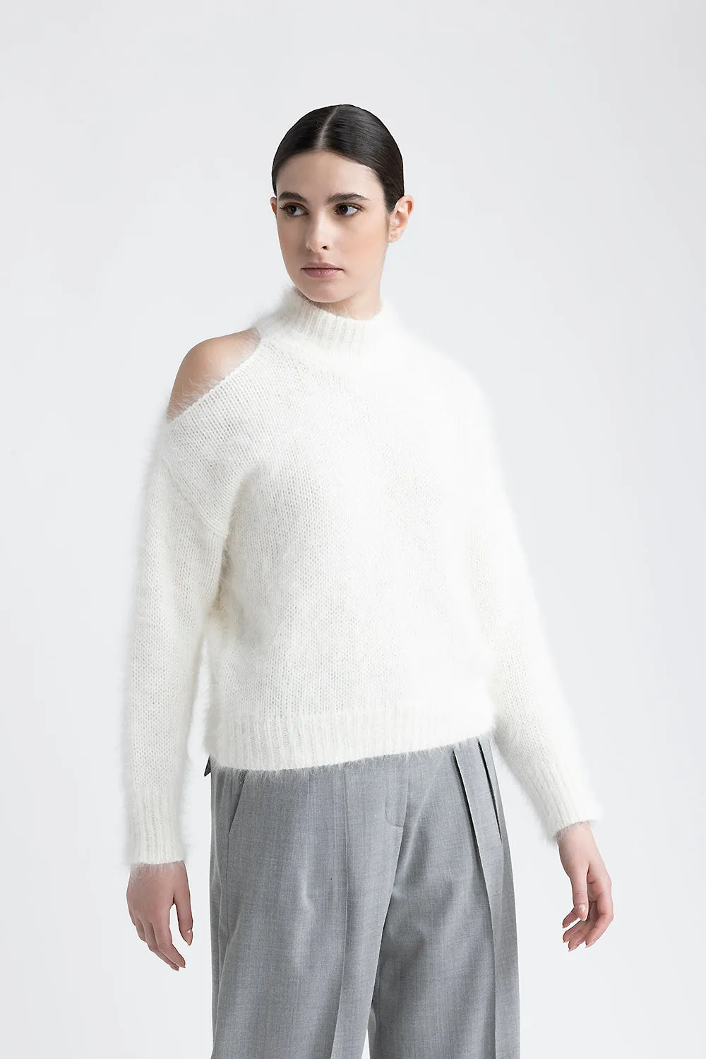 Angora wool sweater with cut out shoulder