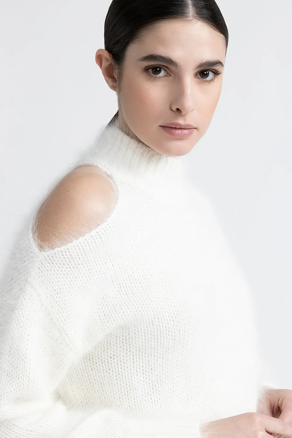 Angora wool sweater with cut out shoulder