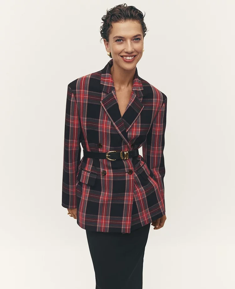 Ann Taylor Plaid Relaxed Double Breasted Blazer Black Women's