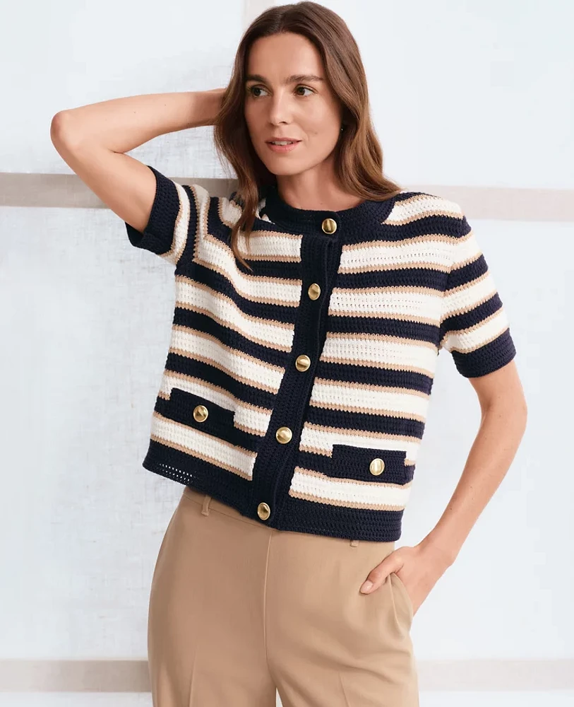 Ann Taylor Striped Textured Sweater Jacket Navy/White Women's