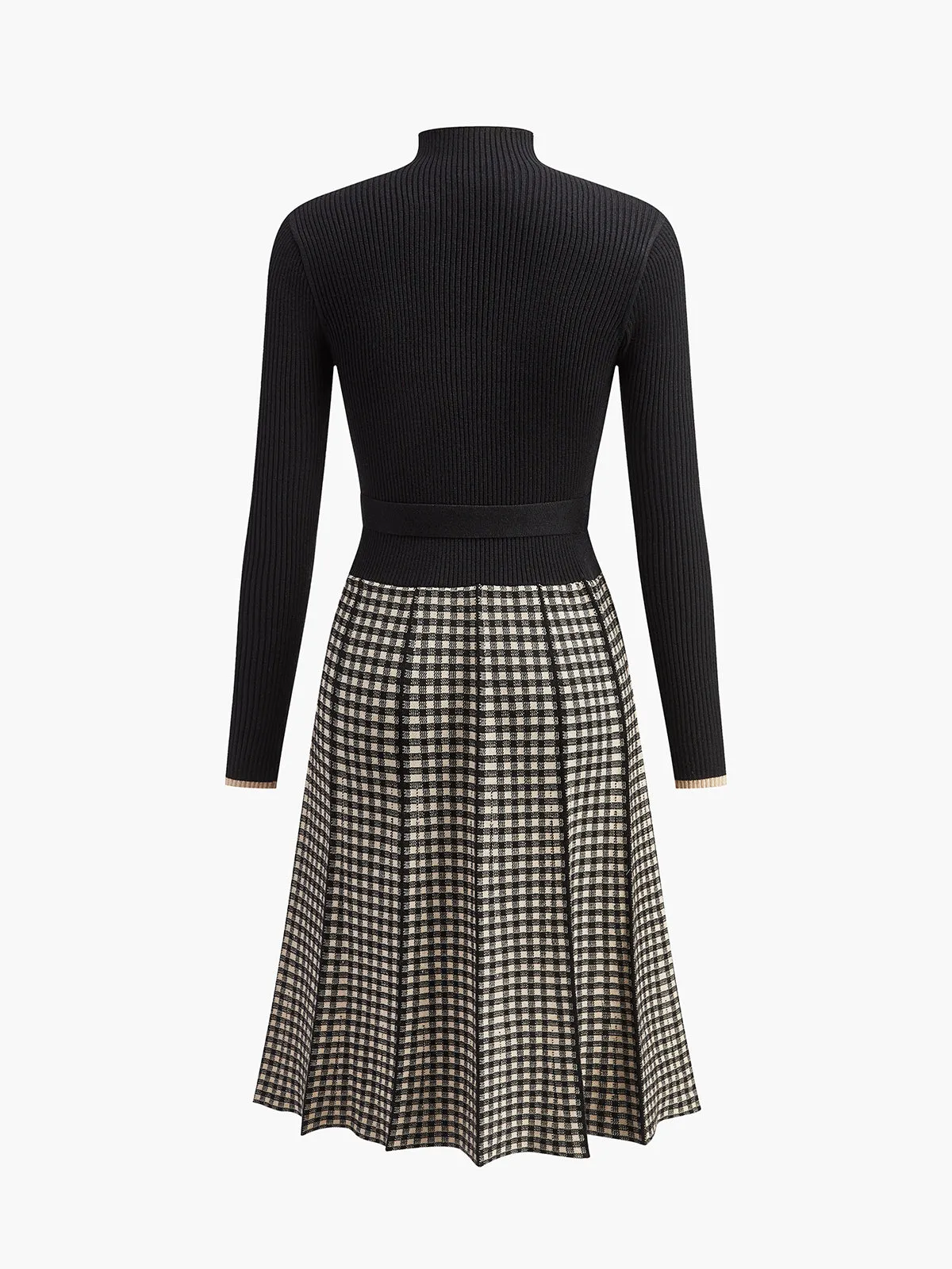 Belted Plaid Panel Sweater Dress