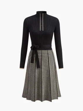 Belted Plaid Panel Sweater Dress