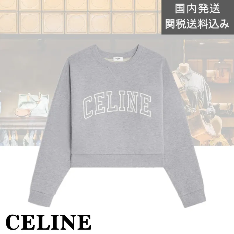 CELINE  |Long Sleeves Plain Cotton Logo Hoodies & Sweatshirts