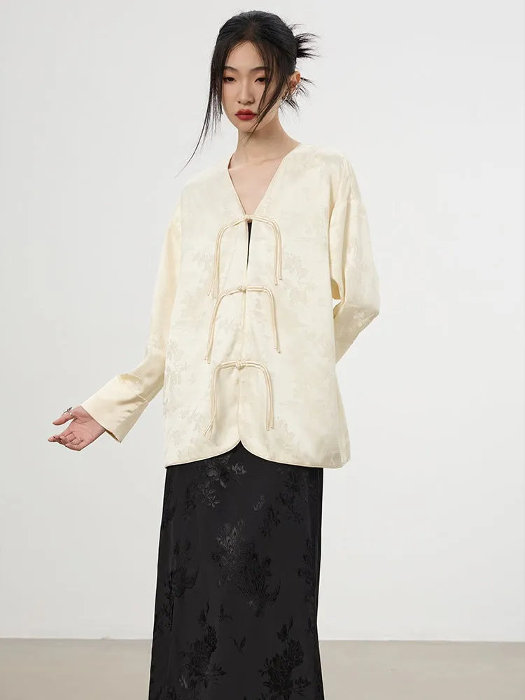 China Embroidery V-Neck Flower Retro Loose Jacket