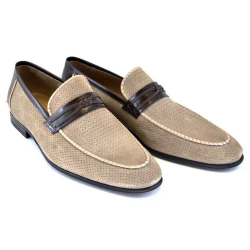 Corrente Taupe Perforated Suede Leather Men’s Slip On Loafers