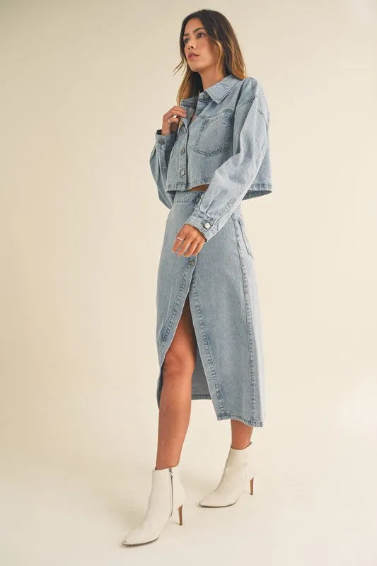 Denim Button Crop Jacket And Skirt Set