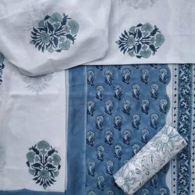 Designer Hand Block Print Cotton Suit Set with Mulmul Dupatta (PRMUL354)