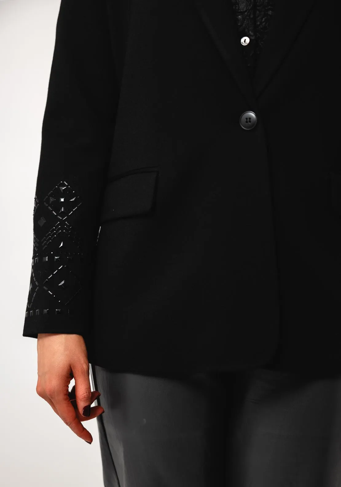 Esqualo Embellished Sleeve Blazer, Black