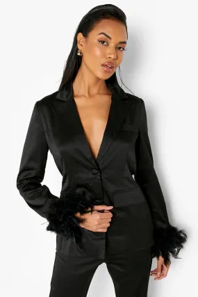 Feather Cuff Matte Satin Plunge Blazer