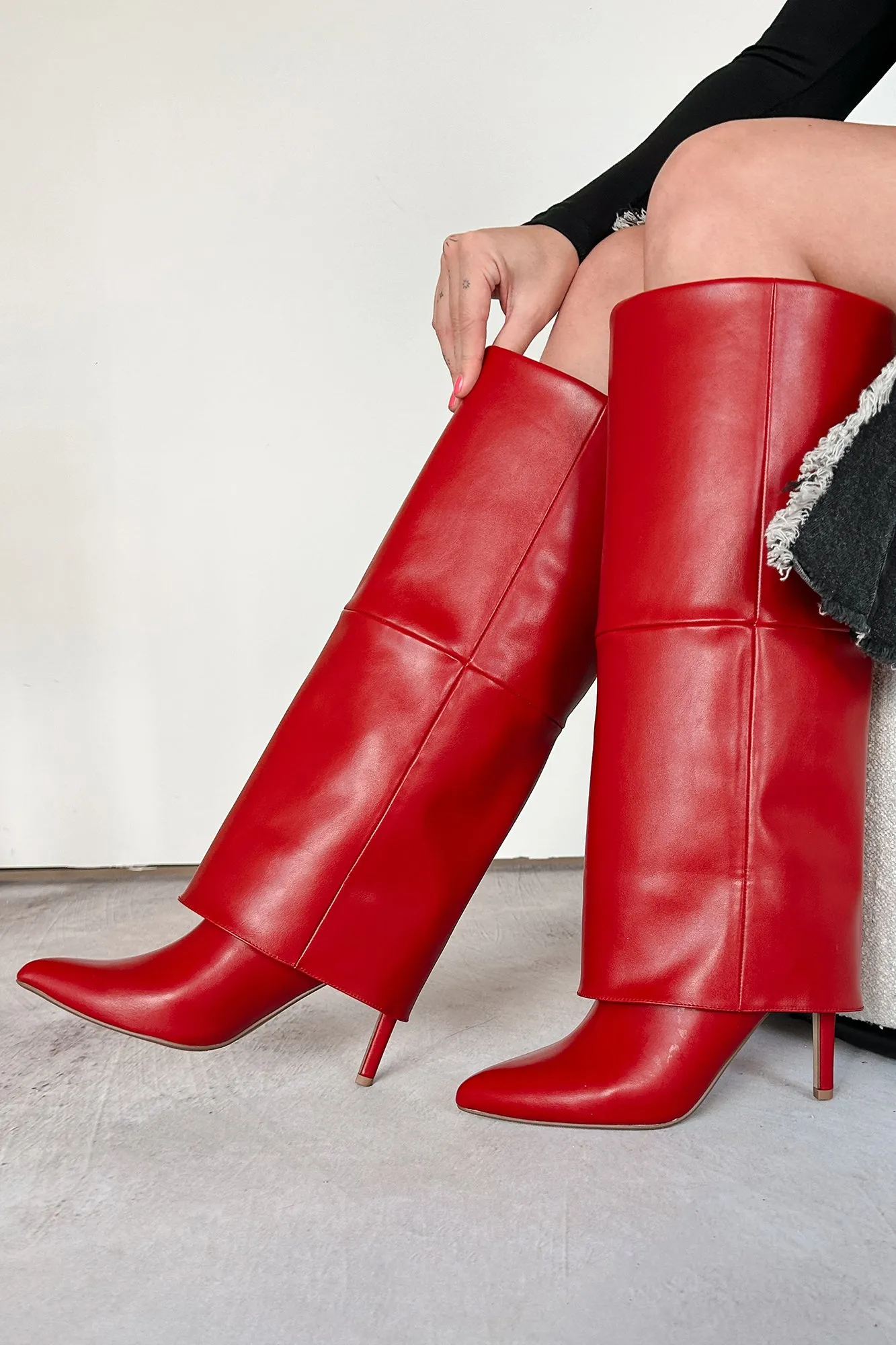 Fiery Confidence Fold Over Knee High Boots (Red Pu)