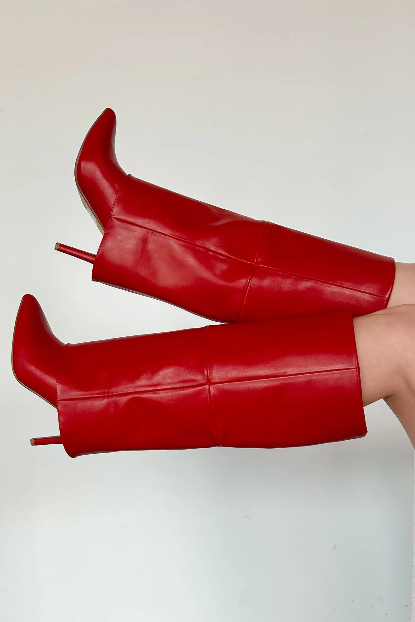 Fiery Confidence Fold Over Knee High Boots (Red Pu)