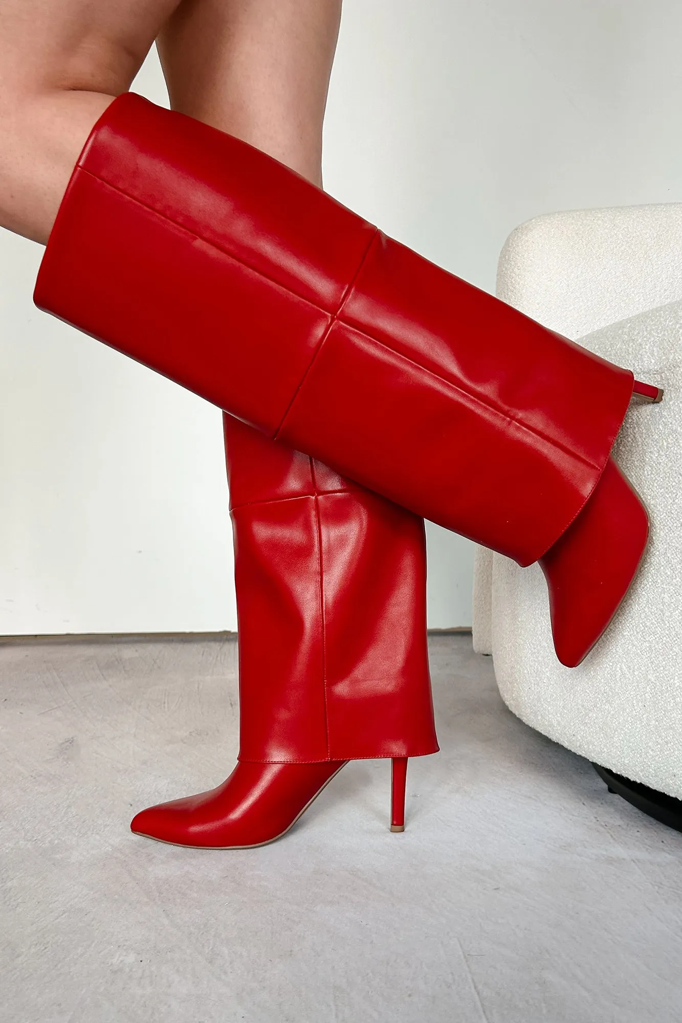 Fiery Confidence Fold Over Knee High Boots (Red Pu)