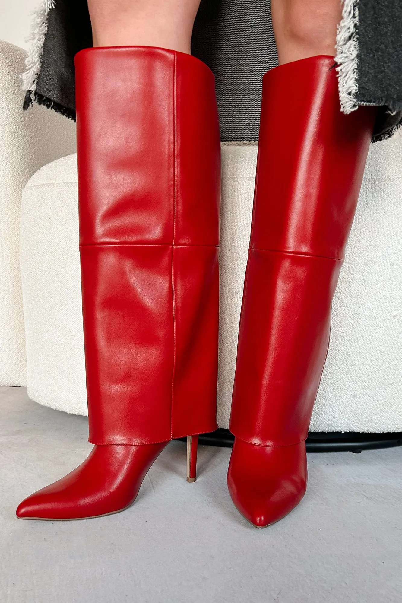 Fiery Confidence Fold Over Knee High Boots (Red Pu)