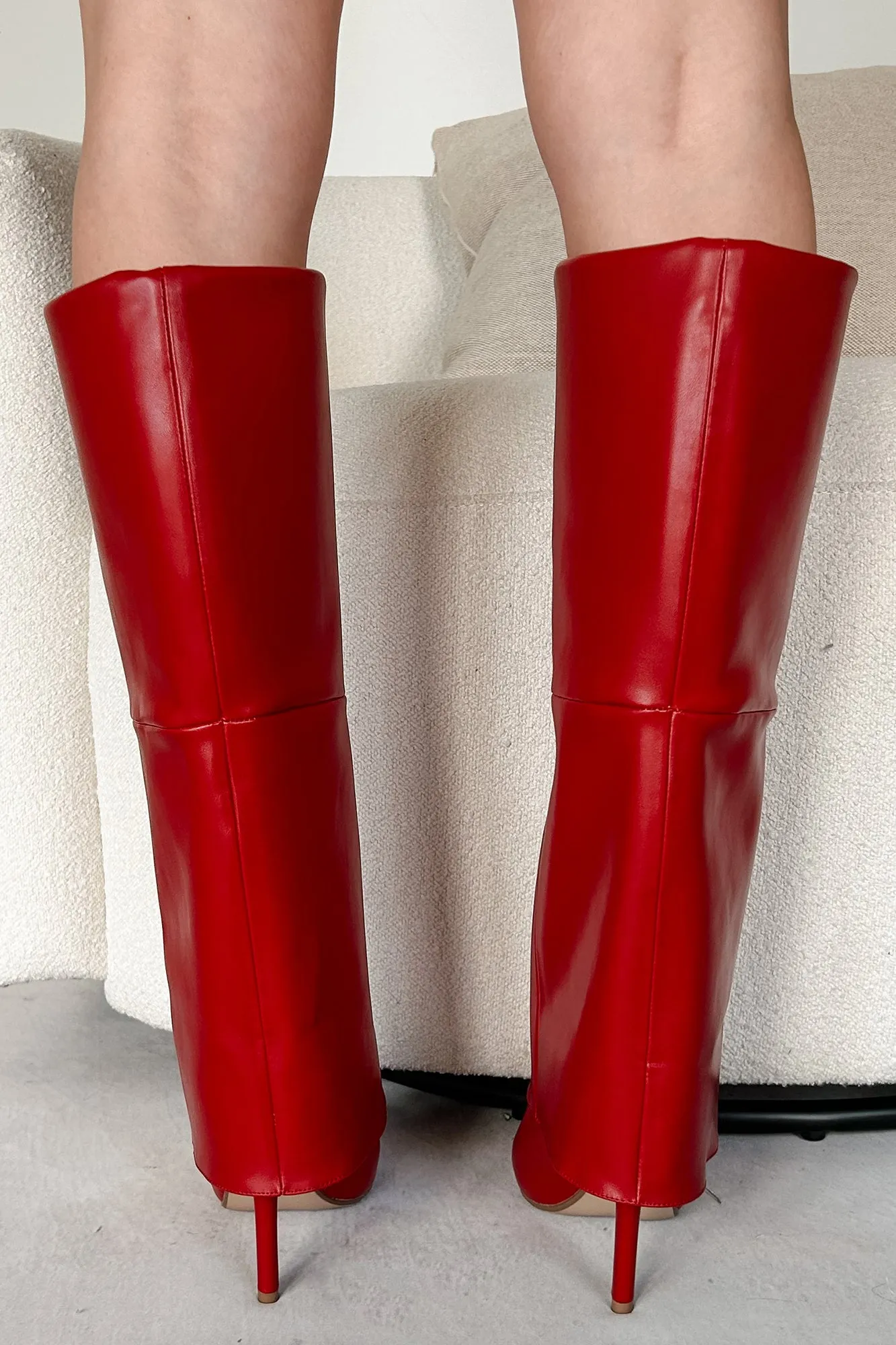 Fiery Confidence Fold Over Knee High Boots (Red Pu)