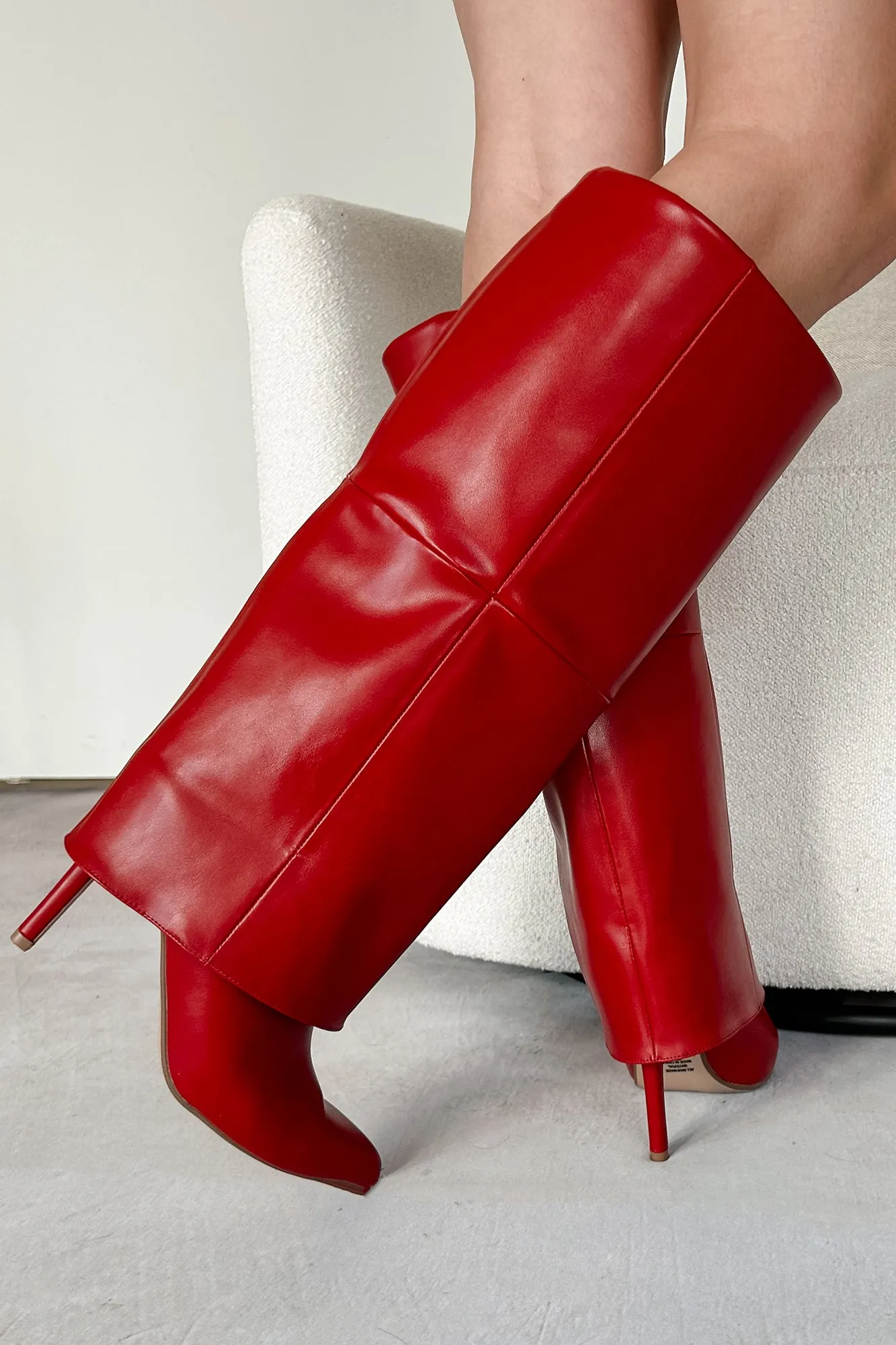 Fiery Confidence Fold Over Knee High Boots (Red Pu)