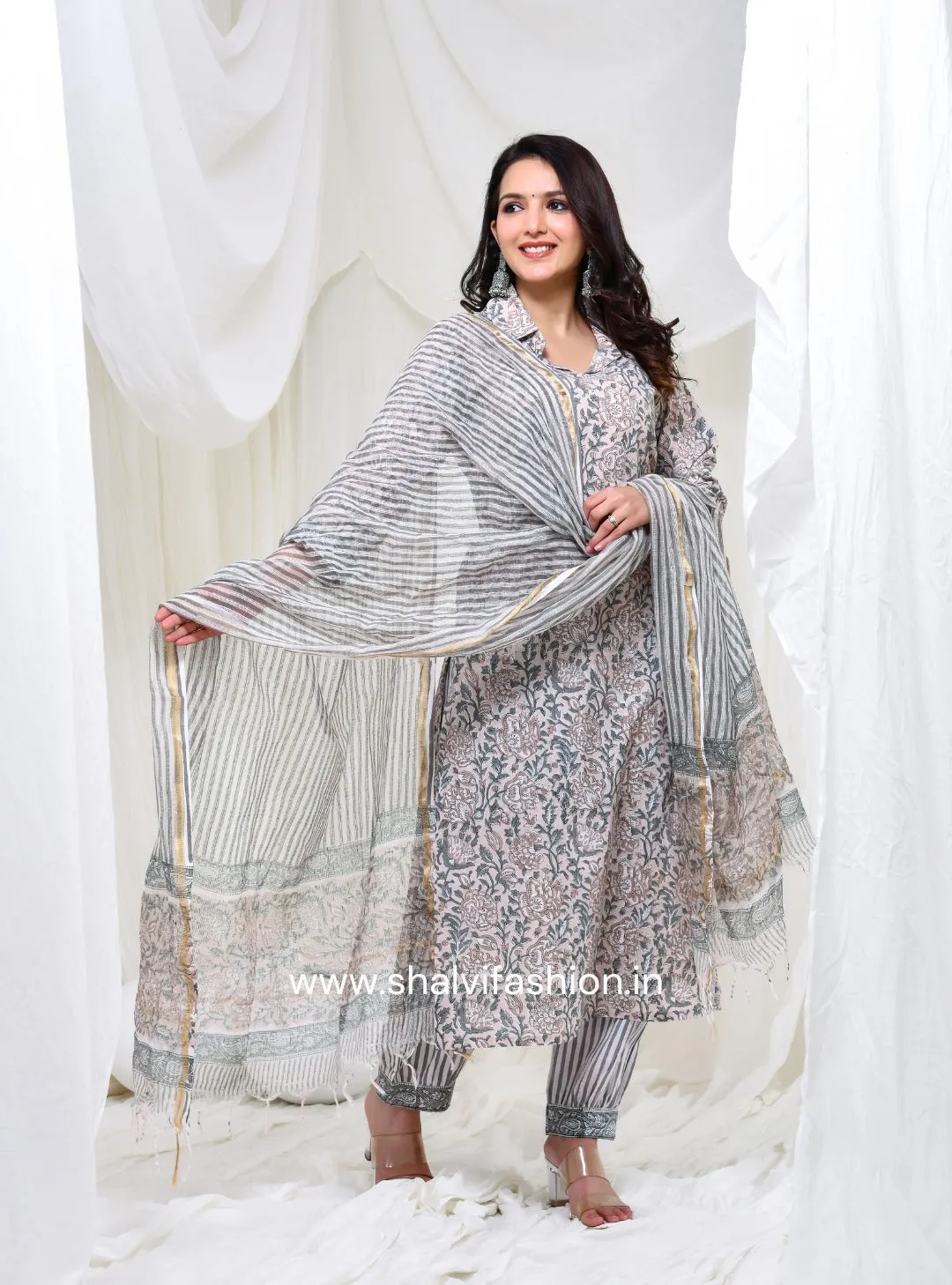 Fiza Hand Block Print Cotton Suit Set with Kota Doria Dupatta (CSS149KD)