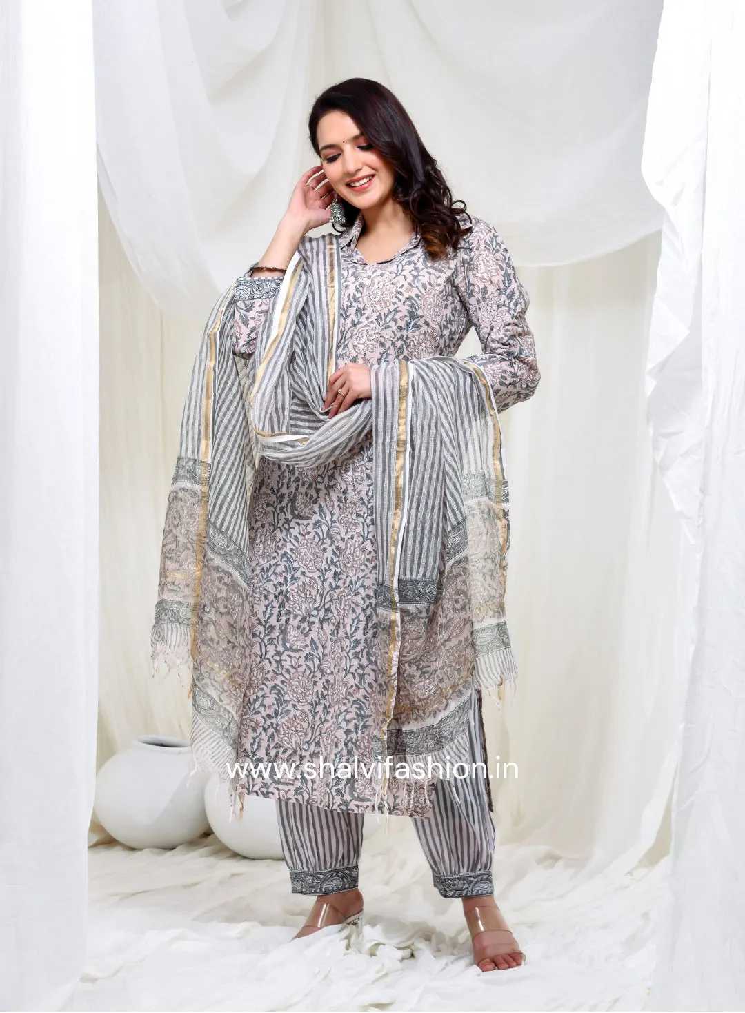 Fiza Hand Block Print Cotton Suit Set with Kota Doria Dupatta (CSS149KD)