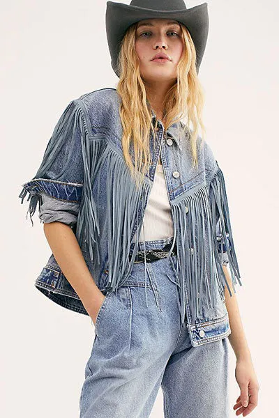 Free People After Hours Fringe Denim Jacket