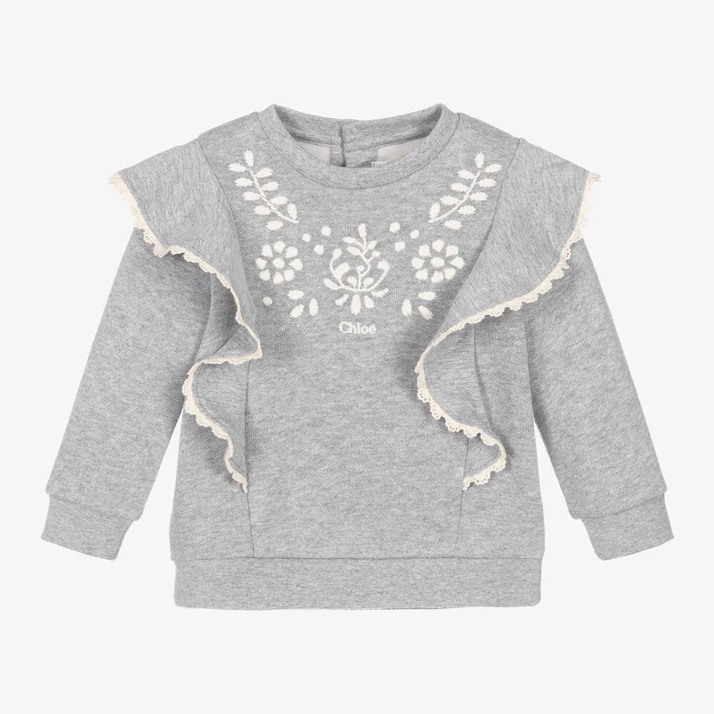 Girls Grey Embroidered Organic Cotton Sweatshirt