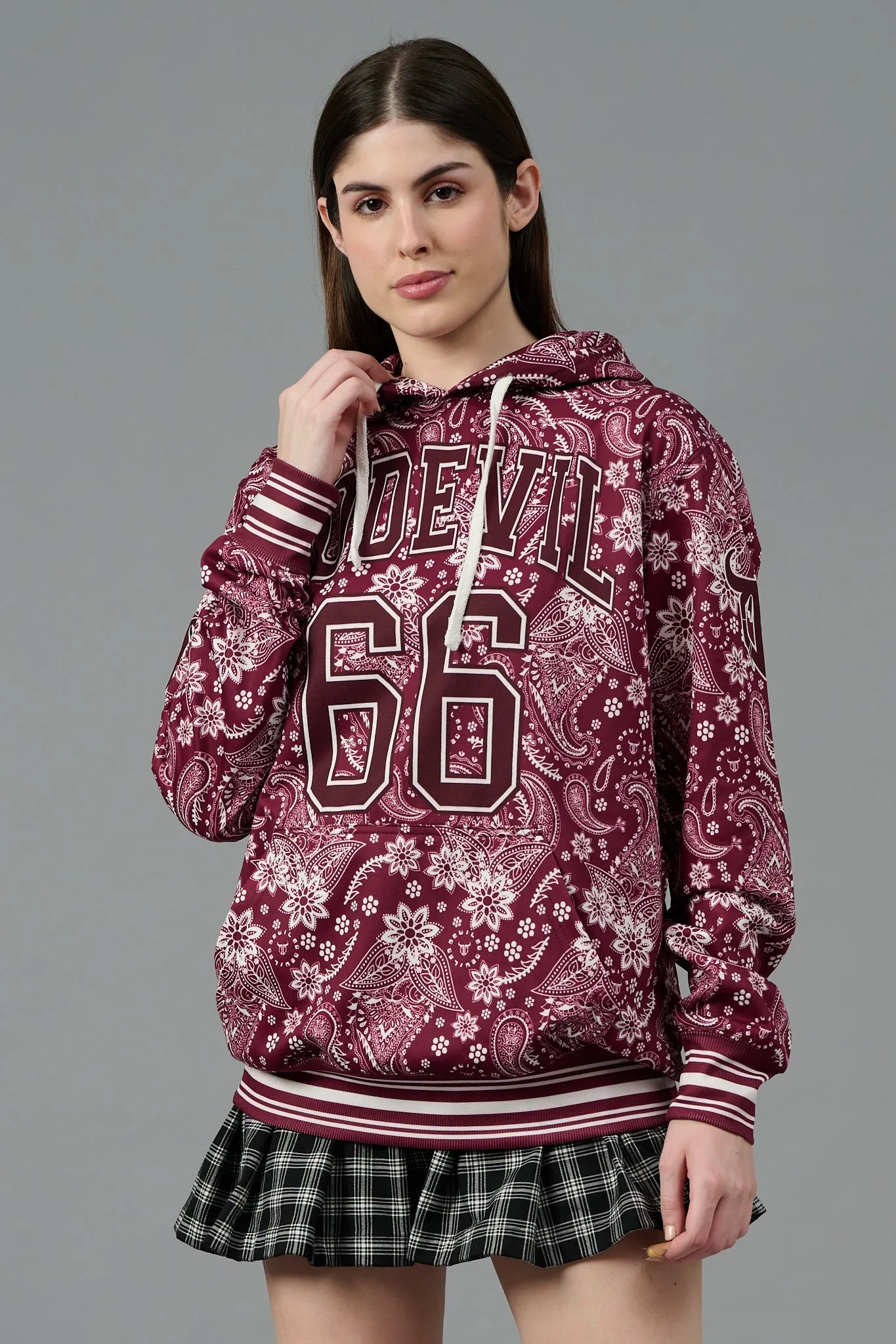 Go Devil 66 & Paisley Design Printed Red Hoodie for Women