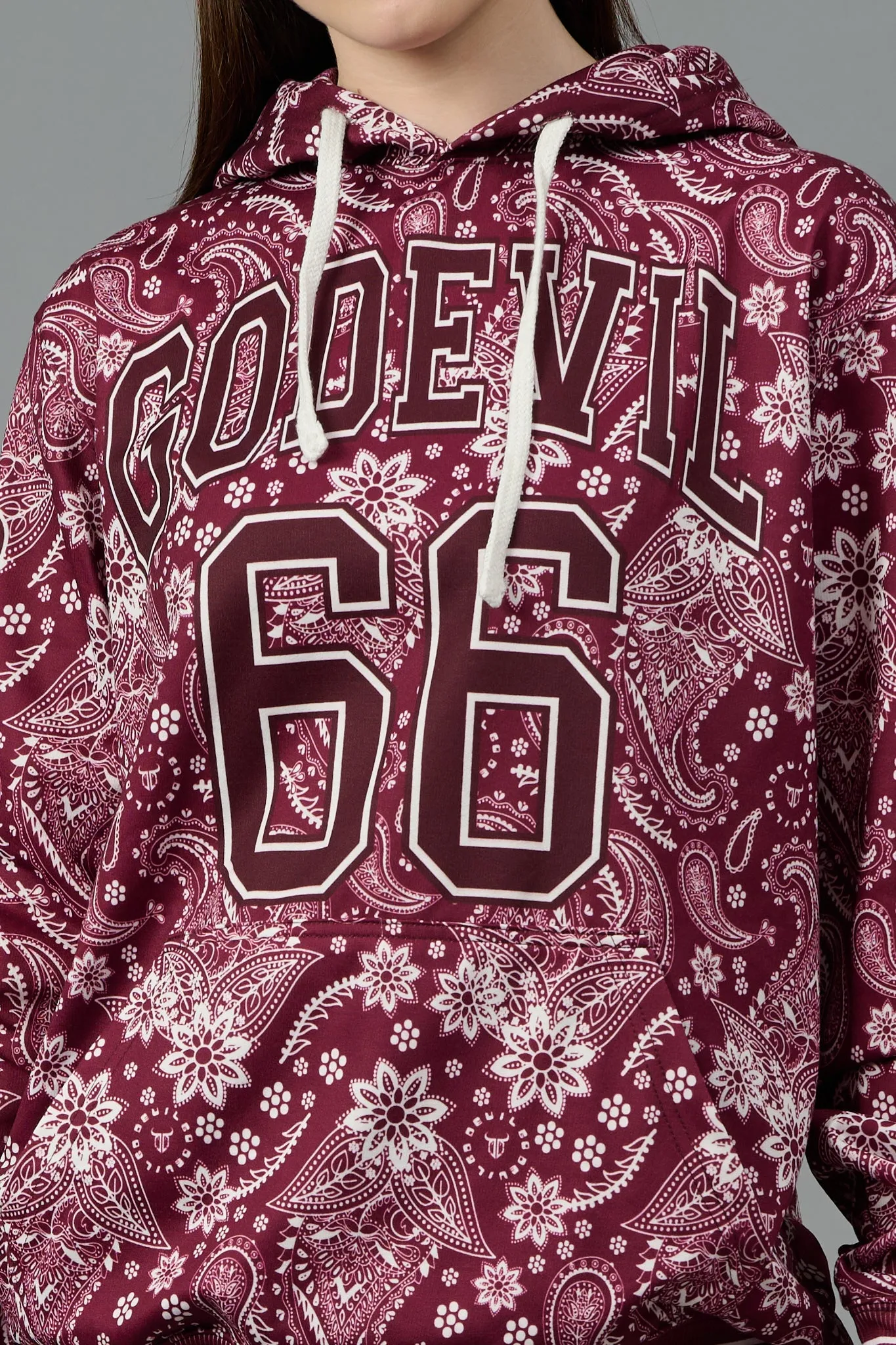 Go Devil 66 & Paisley Design Printed Red Hoodie for Women