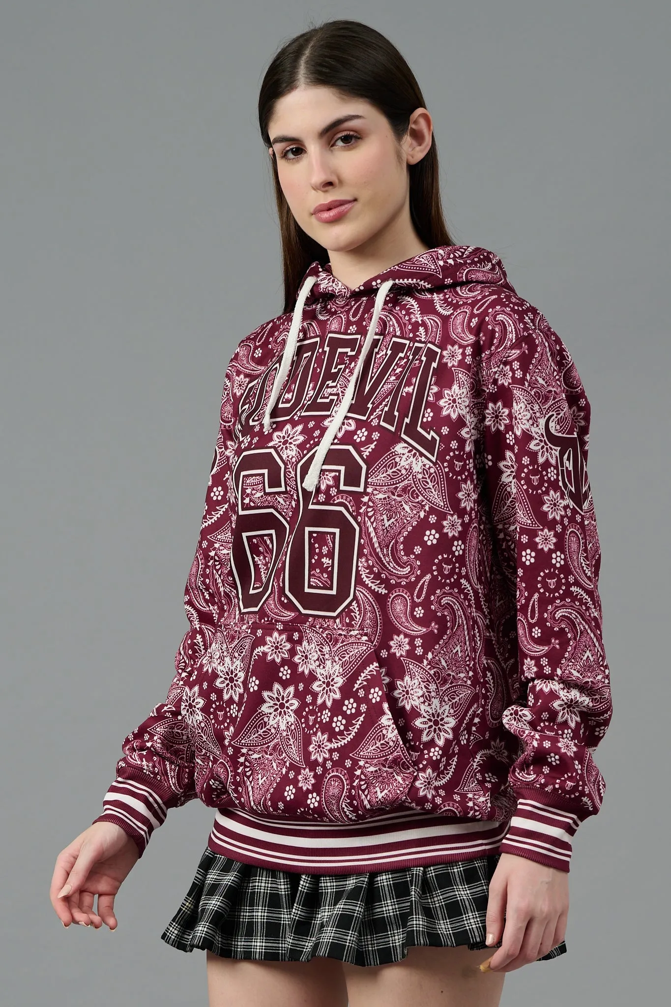 Go Devil 66 & Paisley Design Printed Red Hoodie for Women