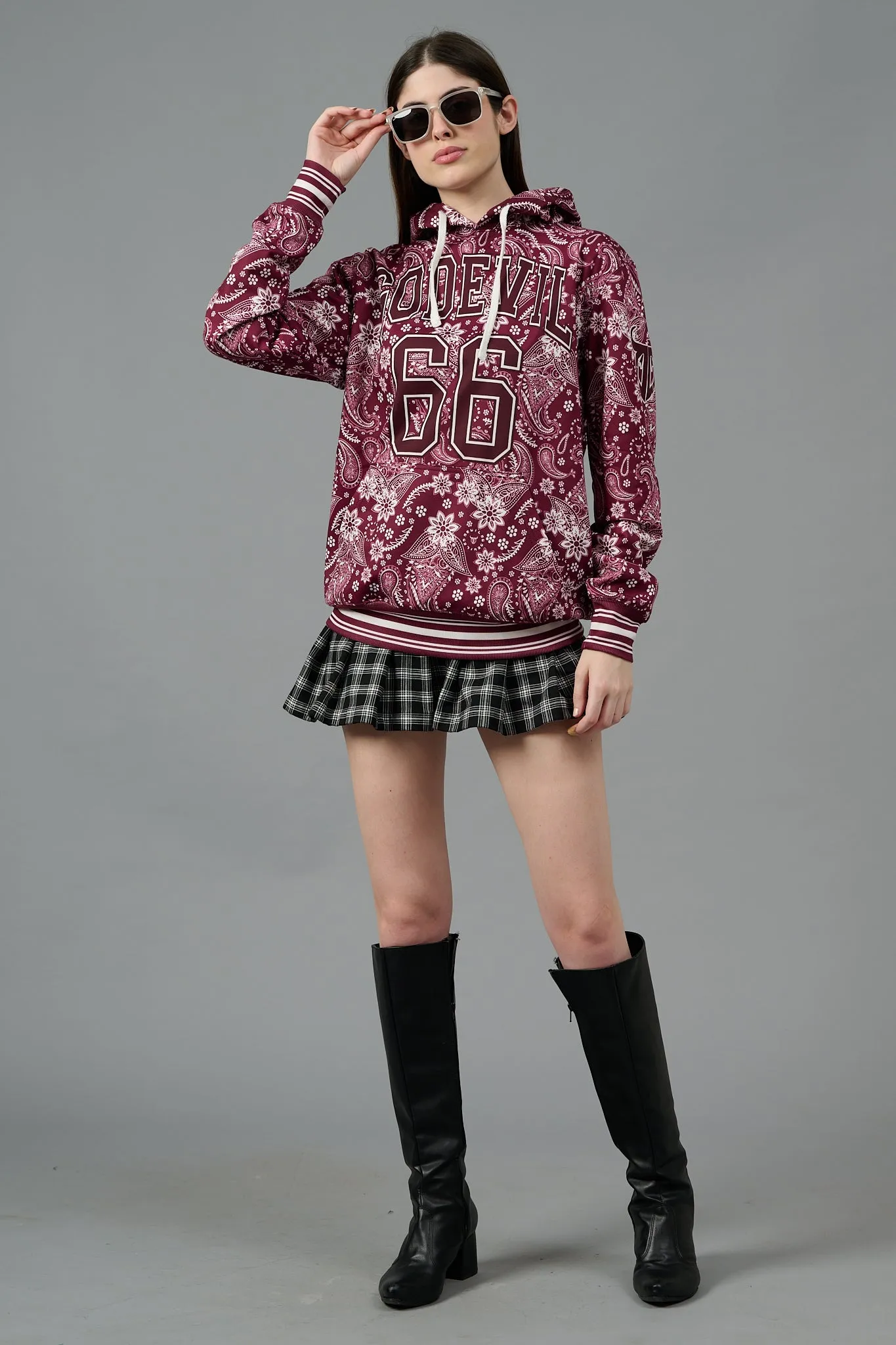 Go Devil 66 & Paisley Design Printed Red Hoodie for Women