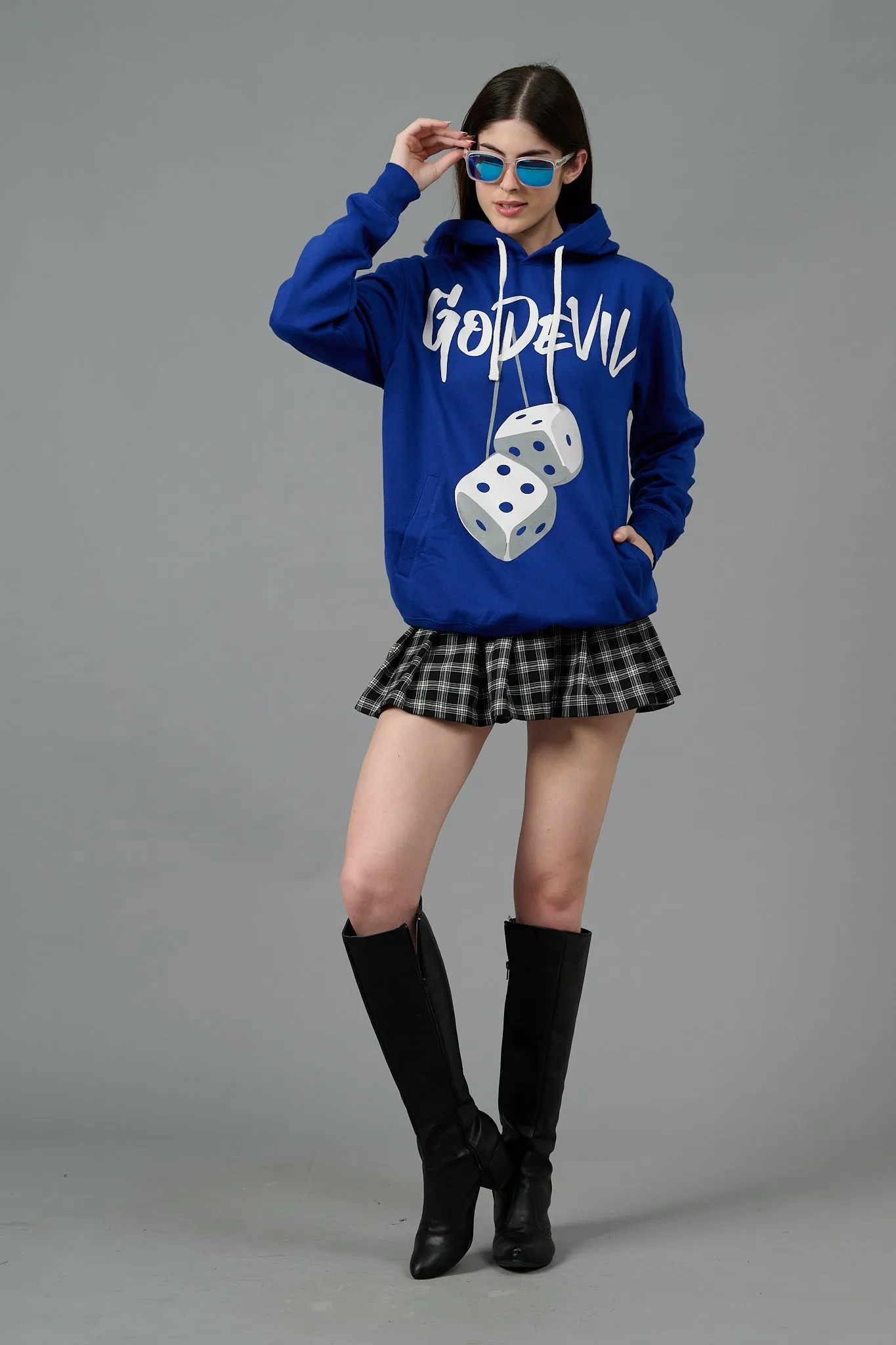 Go Devil Dice Printed Dark Blue Hoodie for Women