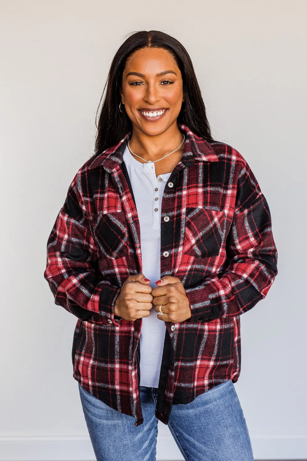 Happiest Of All Plaid Jacket- Black & Red