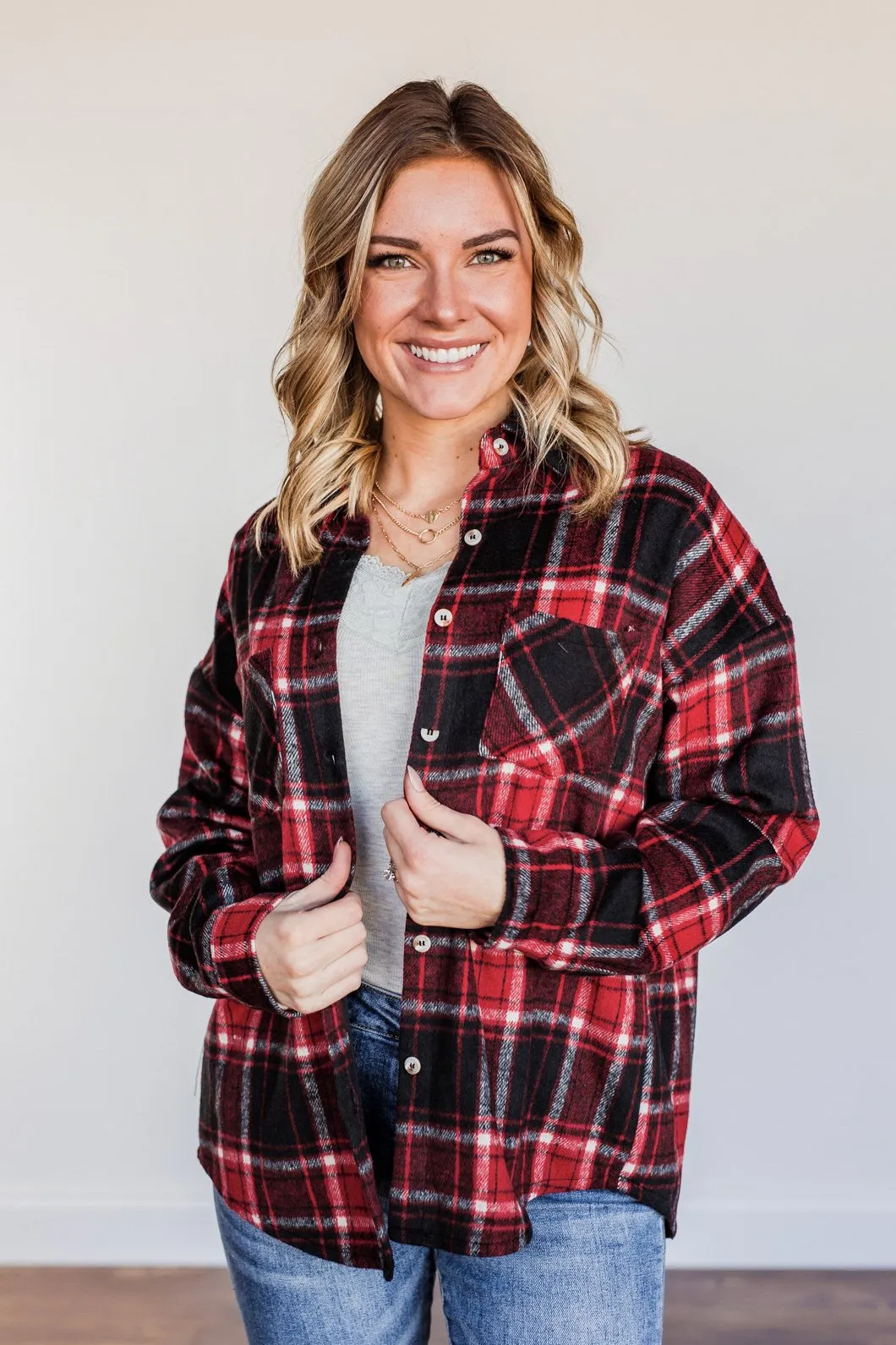 Happiest Of All Plaid Jacket- Black & Red