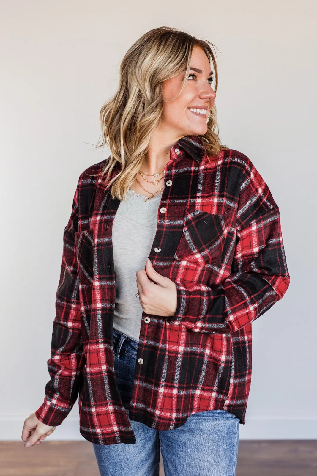 Happiest Of All Plaid Jacket- Black & Red