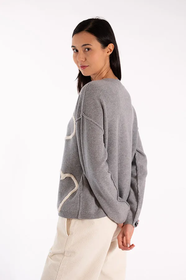 Jeff EVE HEARTS EMBROIDERY GREY SWEATER