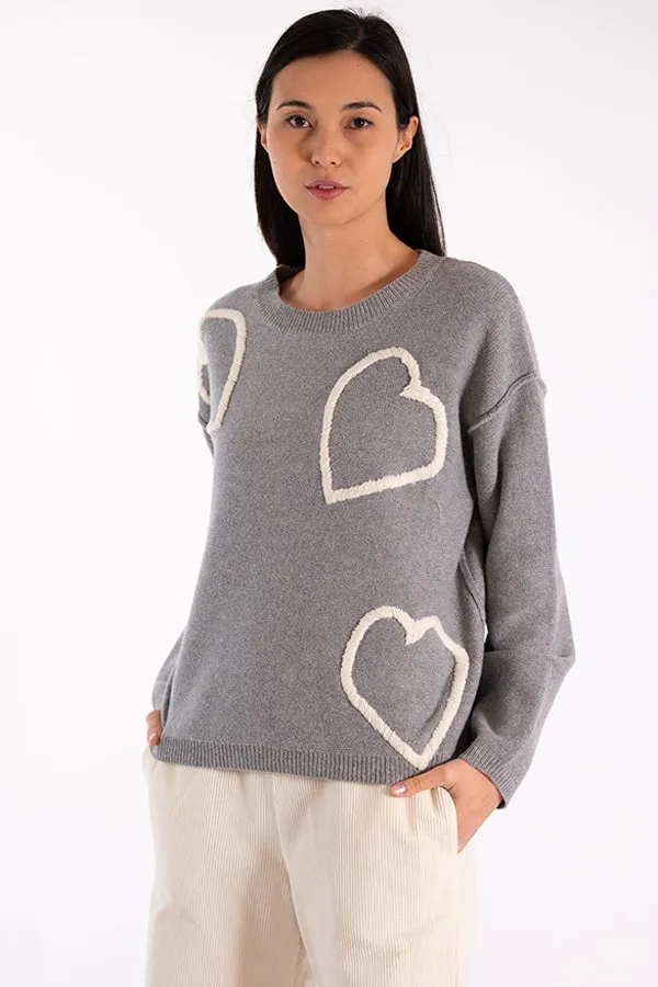 Jeff EVE HEARTS EMBROIDERY GREY SWEATER