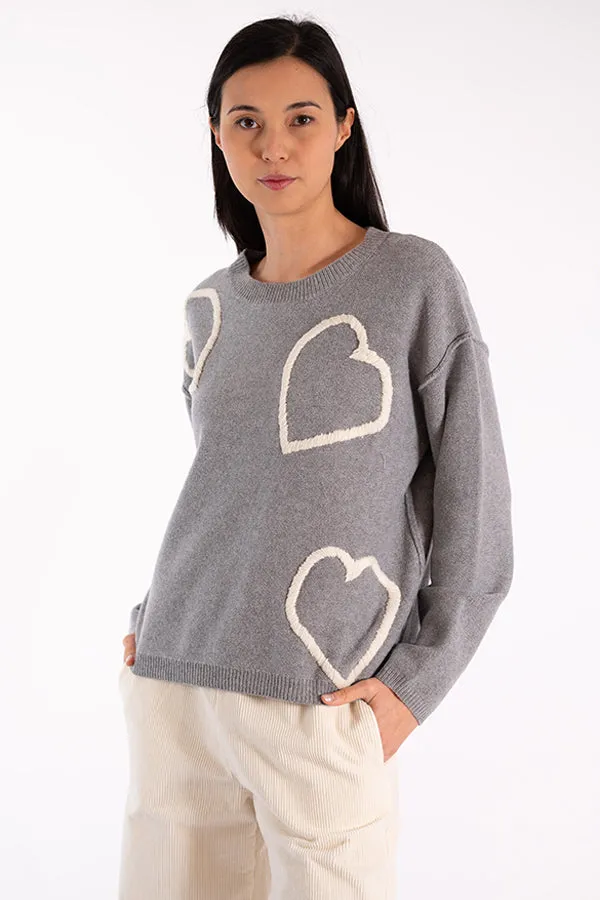 Jeff EVE HEARTS EMBROIDERY GREY SWEATER