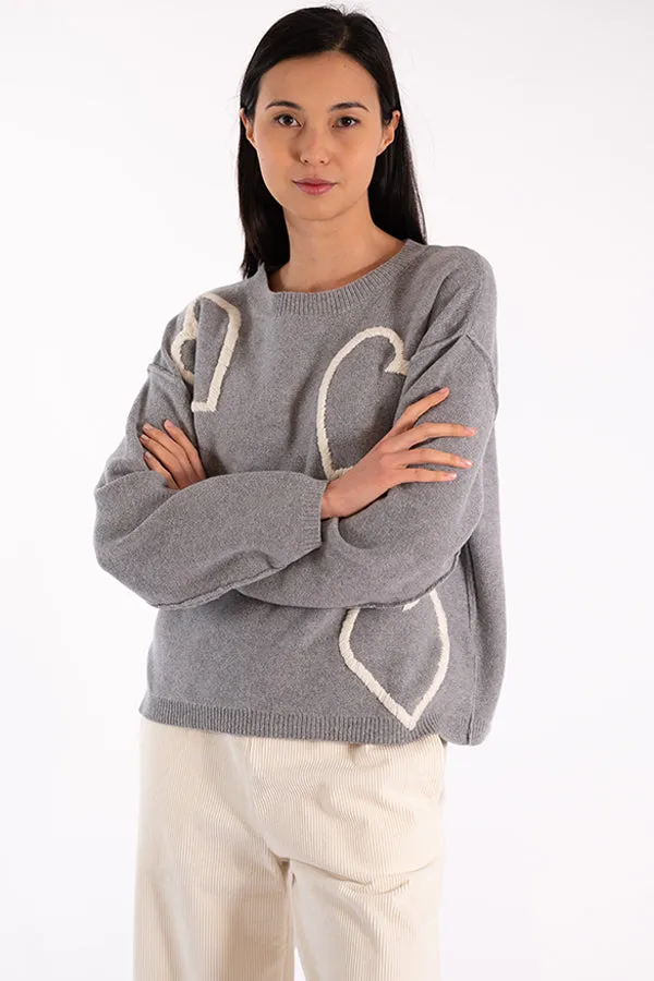 Jeff EVE HEARTS EMBROIDERY GREY SWEATER