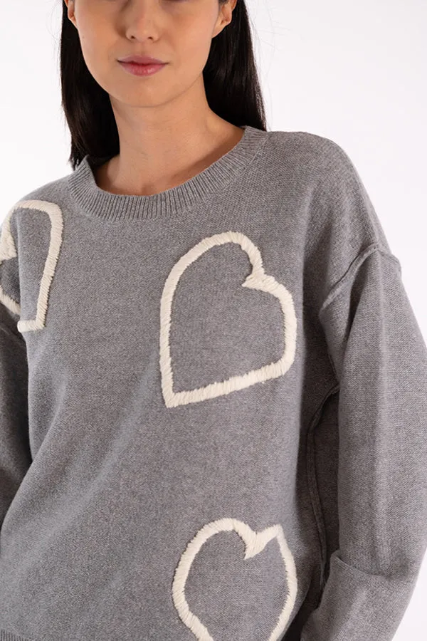 Jeff EVE HEARTS EMBROIDERY GREY SWEATER