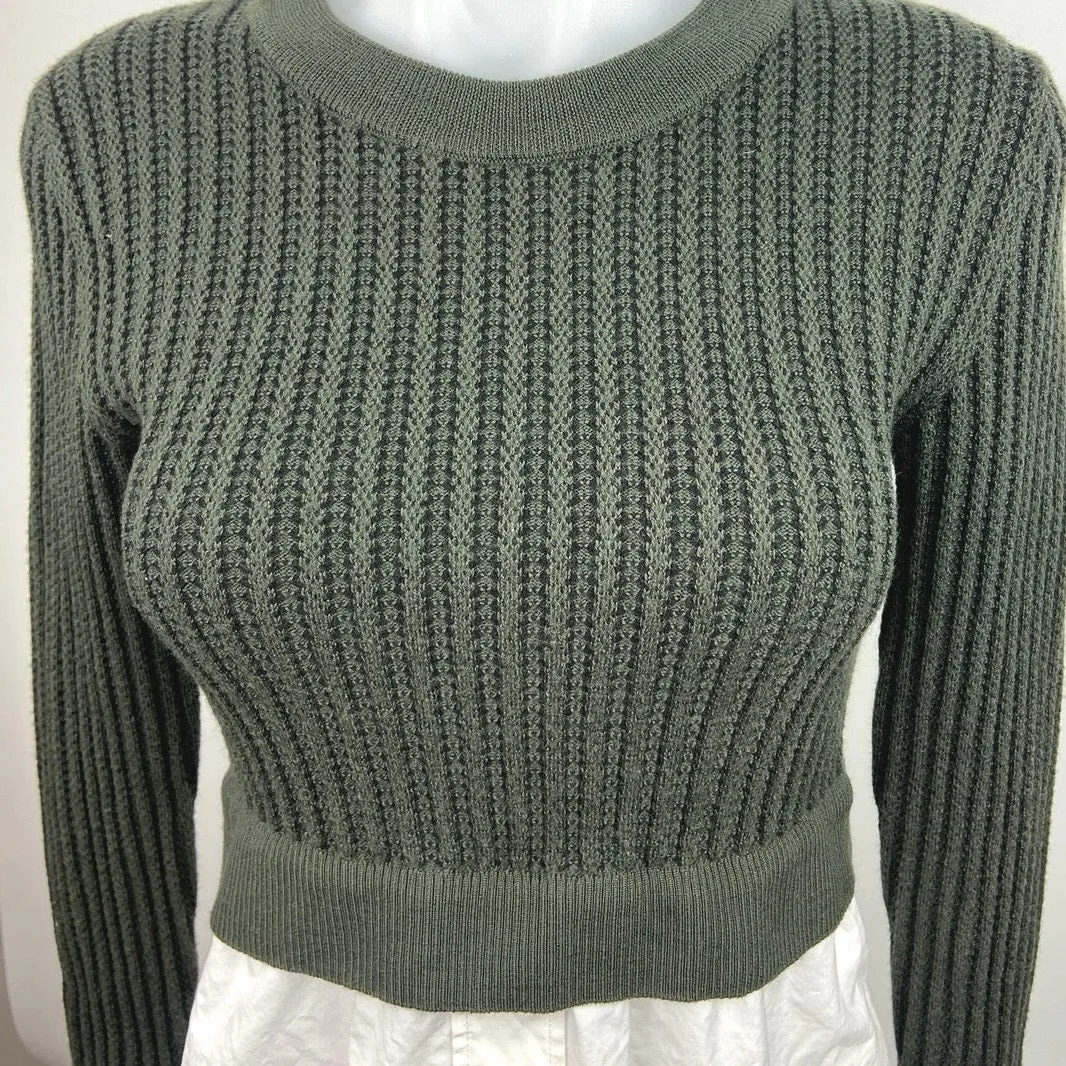 KENZO Green Crew Neck Ribbed Knit Long Sleeve Cropped Pullover Sweater Top Sz S