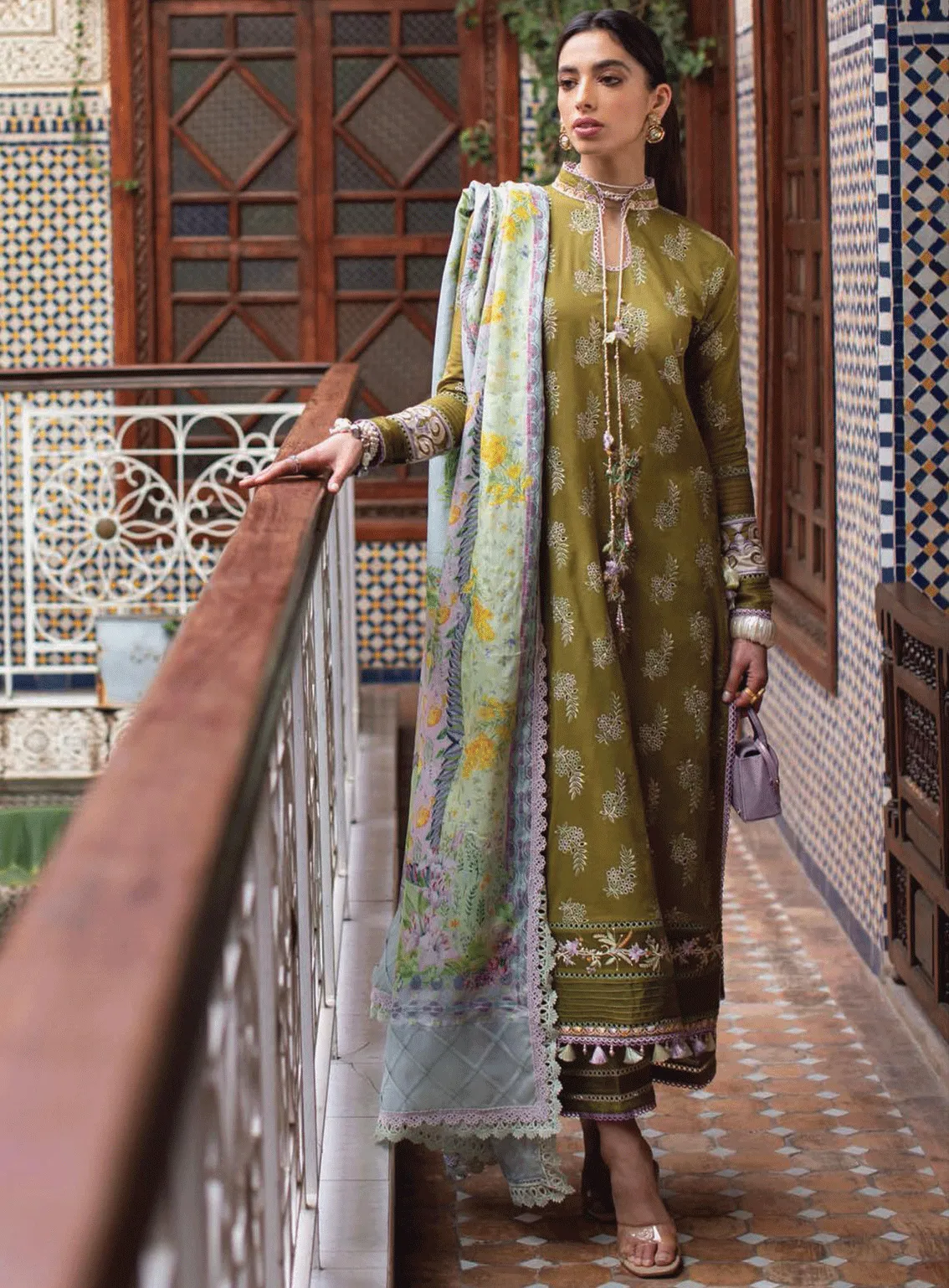 Kesh By Farah Talib Aziz Embroidered Lawn Unstitched 3 Piece Suit - FTA23KL FTA-09 ASNI OLIVE