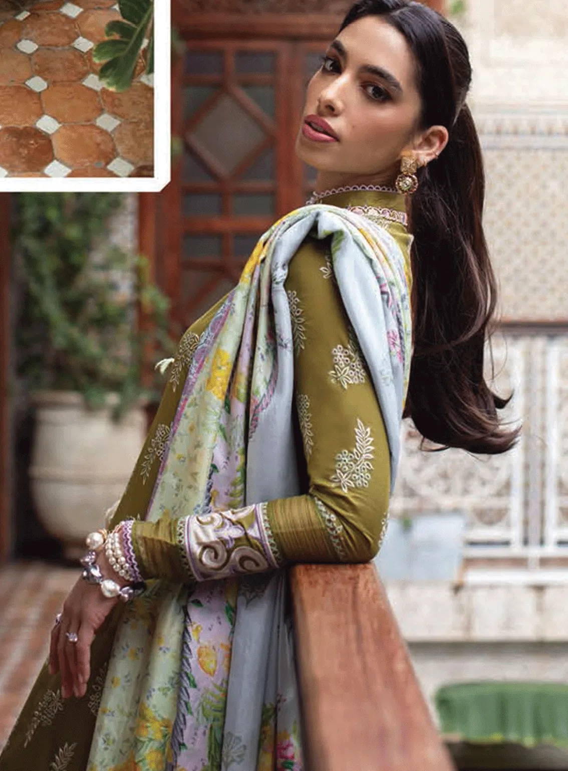 Kesh By Farah Talib Aziz Embroidered Lawn Unstitched 3 Piece Suit - FTA23KL FTA-09 ASNI OLIVE