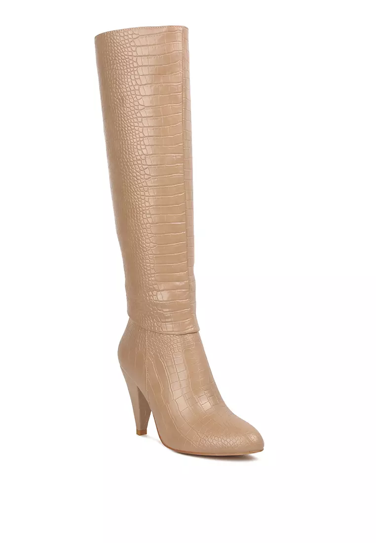 London Rag Beige Calf Croc Heel Boots