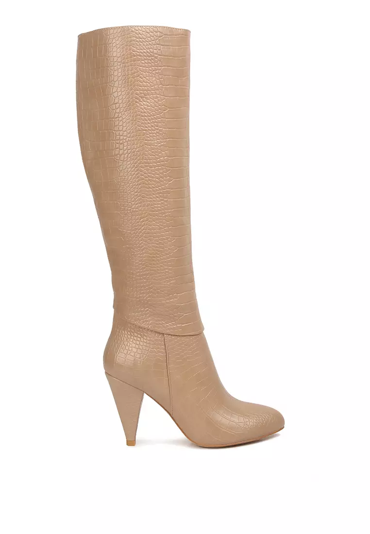 London Rag Beige Calf Croc Heel Boots