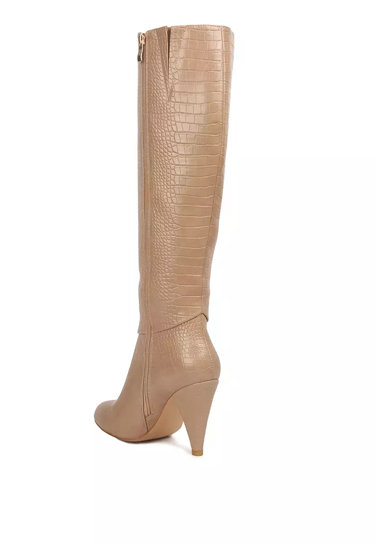 London Rag Beige Calf Croc Heel Boots