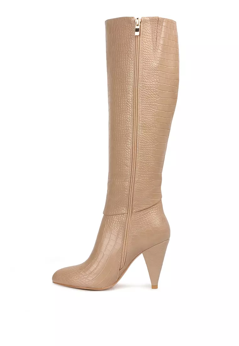 London Rag Beige Calf Croc Heel Boots