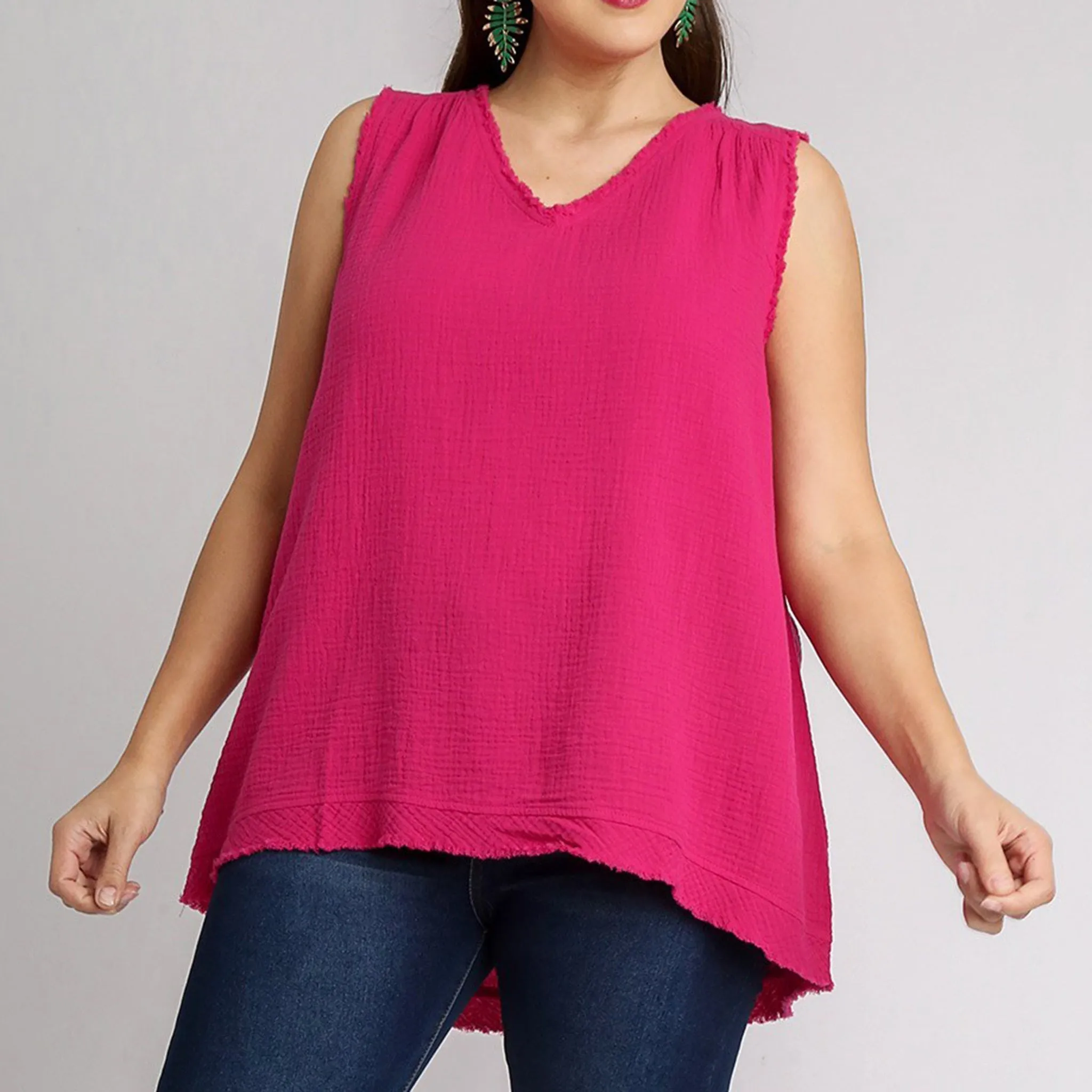 Magenta Sleeveless V-Neck Frayed Top