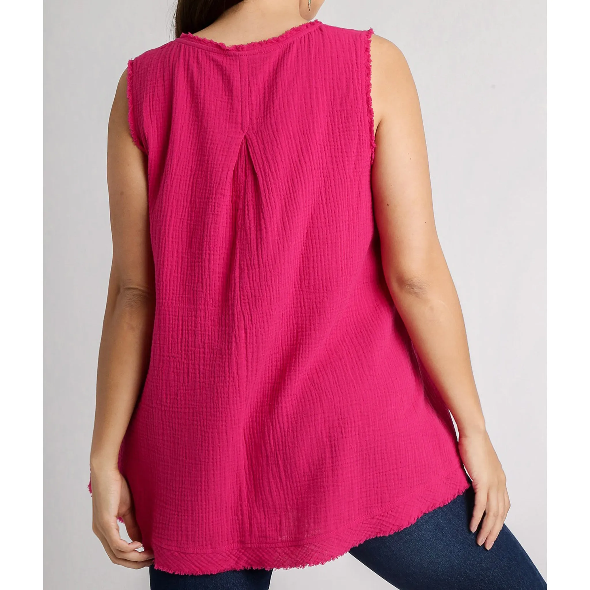 Magenta Sleeveless V-Neck Frayed Top