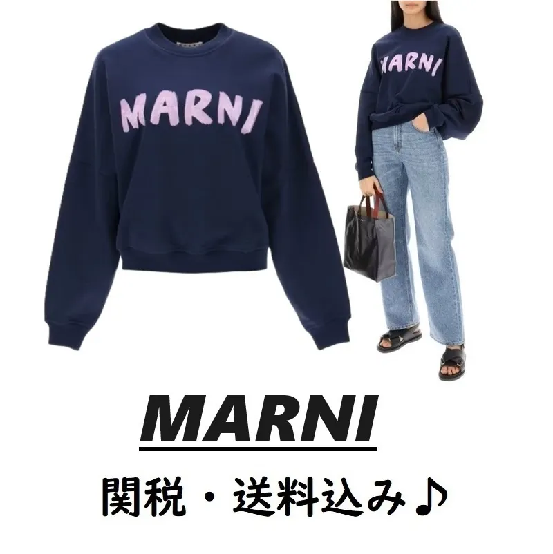 MARNI  |Crew Neck Long Sleeves Cotton Logo Hoodies & Sweatshirts