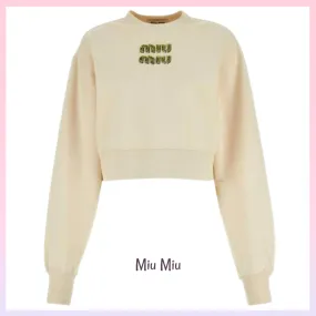 MiuMiu  |Crew Neck Long Sleeves Cotton Logo Hoodies & Sweatshirts